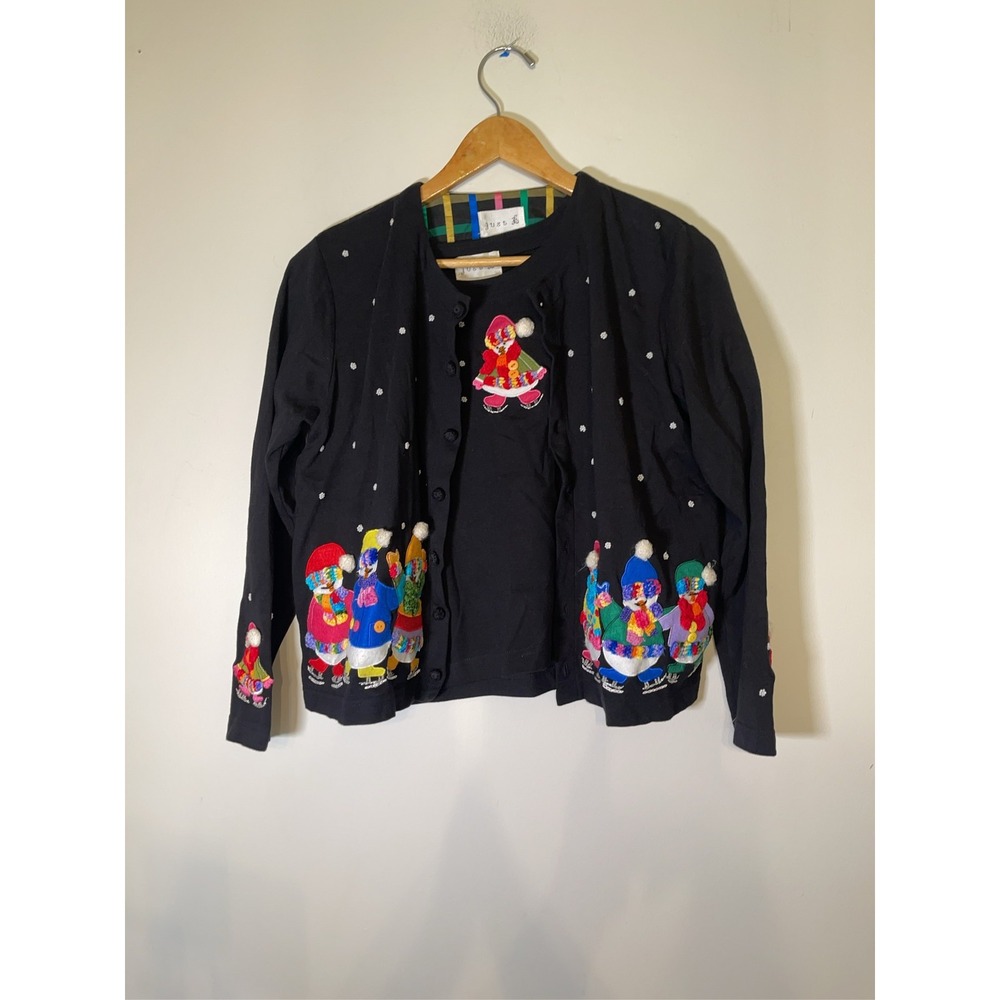 Just B Women's M Black Snowman Christmas Cardigan & Tshirt SET Embellished